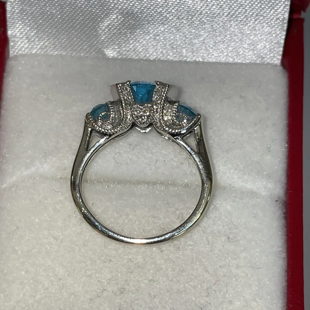 Solid Stamped 14K White Gold Oval Trio Natural Blue Topaz Diamond Ring